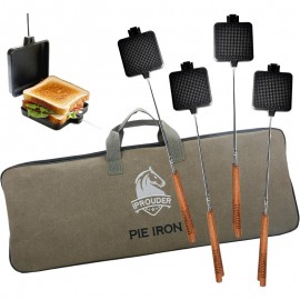 4pcs Campfire Pie Iron & Sandwich Maker - Large Cast Iron Portable Outdoor Cookstove Suitable for Camping, Thickened Handle & Storage Bag Included - Campfire Cooking Equipment for Grilling, Pie Maker, Sandwich Press