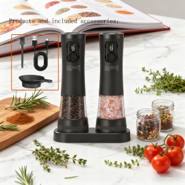 Set of Electric Salt And Pepper Grinders Featuring Two Speed Options, a Rechargeable Automatic Pepper Mill, USB Charging Capability, a Large 3.38oz Capacity, Adjustable Coarseness from The Outside, And an LED Light, Perfect for Home Gatherings