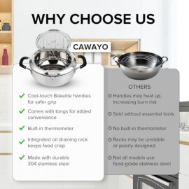 A Deep Fryer Pot Designed for Tempura, Featuring Tongs, Cool-Touch Bakelite Handles, And a Lid Made of 304 Stainless Steel, Measuring 9.4 Inches, Equipped with Temperature Control for Safe And Effective Cooking, Ideal for Making French Fries