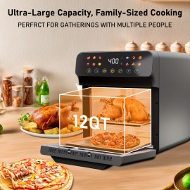 Bluebow 12QT Extra Large Convection Countertop Oven, a Combination Air Fryer And Toaster Oven, Capable of Roasting, Baking, Broiling, Reheating, And Frying Without Oil, Featuring a Stainless Steel Body, LED Digital Touchscreen, a Visible Window