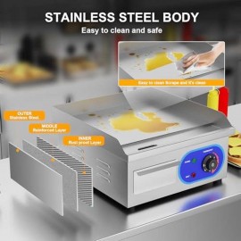 Electric Flat Top Grill, 1500W Electric Flat Top Griddle, 14 Stainless Steel Commercial Griddle with Thermostatic Control for Kitchen BBQ