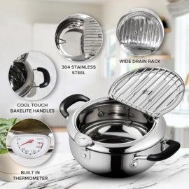 Deep Fryer Tempura Pot with Tongs Cool Touch Bakelite Handles and Lid 304 Stainless Steel 9. 4 Inch with Temperature Control for Safe and Efficient Cooking Great for French Fries Chicken etc