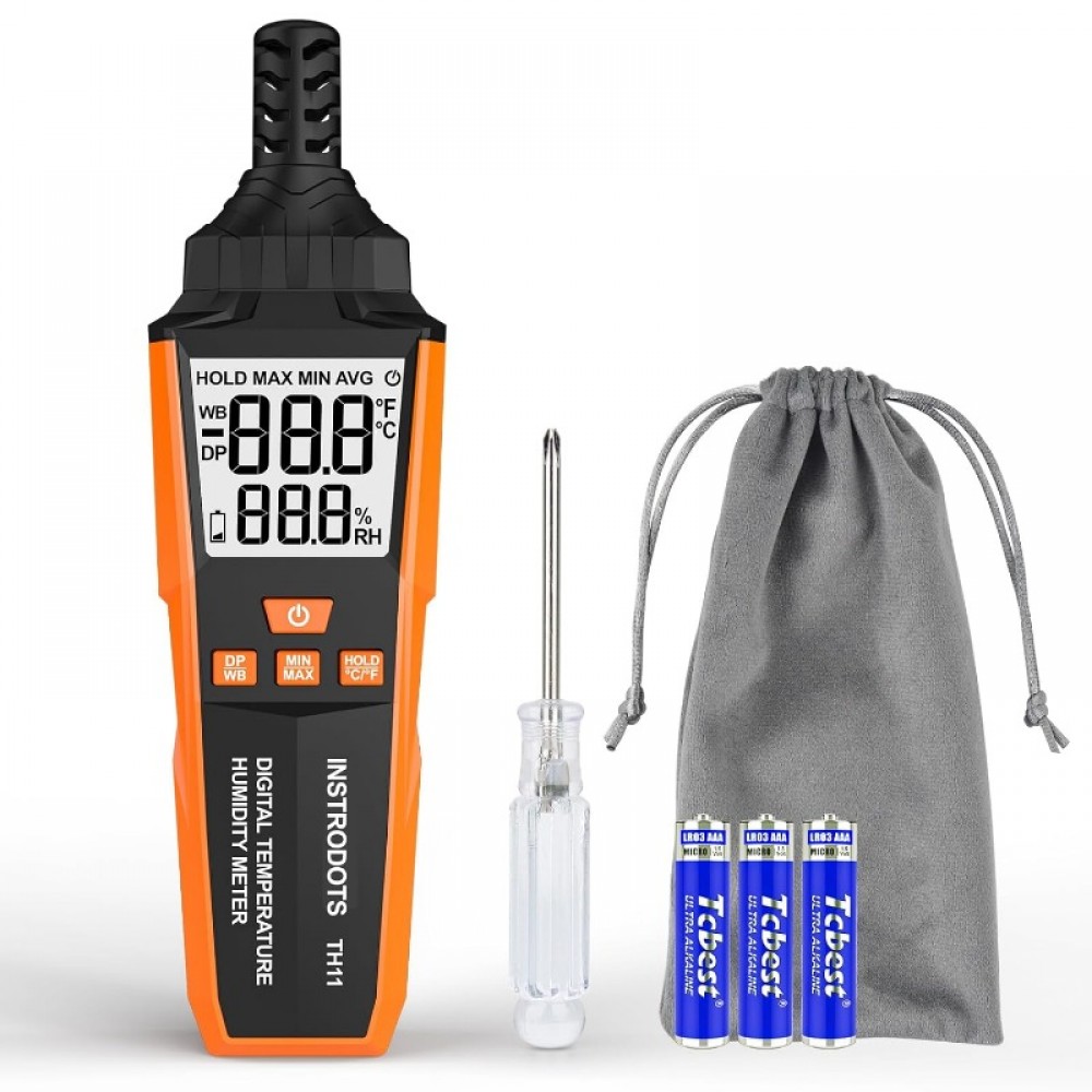 High-Precision Digital Hygrometer & Thermometer with Dew Point, Wet/Bulb Temperature - Backlit LCD Screen, Min/Max Data Hold, Portable Psychrometer Suitable for Indoor/Outdoor, HVAC, Labs, Included (TH11)