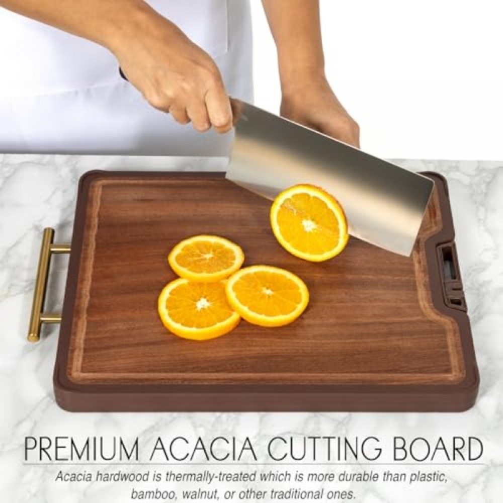 Titanium Stainless Steel Cutting Board with Knife Sharpener - Heavy-Duty Metal Kitchen Board, Non-Toxic & Dishwasher Safe, Golden Handle & Non-Slip Rubber Padded Base, Suitable for Chef, Butcher, Meal - 15
