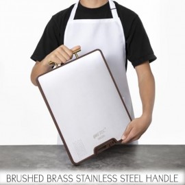 Titanium Stainless Steel Cutting Board with Knife Sharpener - Heavy-Duty Metal Kitchen Board, Non-Toxic & Dishwasher Safe, Golden Handle & Non-Slip Rubber Padded Base, Suitable for Chef, Butcher, Meal - 15