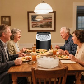 Ice maker machine for countertops, makes 26 lbs of ice in 24 hours and 9 ice cubes in 6 minutes with basket and scoop for self-cleaning.