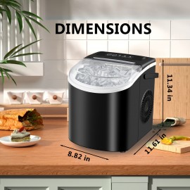 Ice maker machine for countertops, makes 26 lbs of ice in 24 hours and 9 ice cubes in 6 minutes with basket and scoop for self-cleaning.