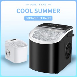 Ice maker machine for countertops, makes 26 lbs of ice in 24 hours and 9 ice cubes in 6 minutes with basket and scoop for self-cleaning.