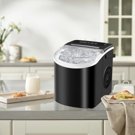 Ice maker machine for countertops, makes 26 lbs of ice in 24 hours and 9 ice cubes in 6 minutes with basket and scoop for self-cleaning.