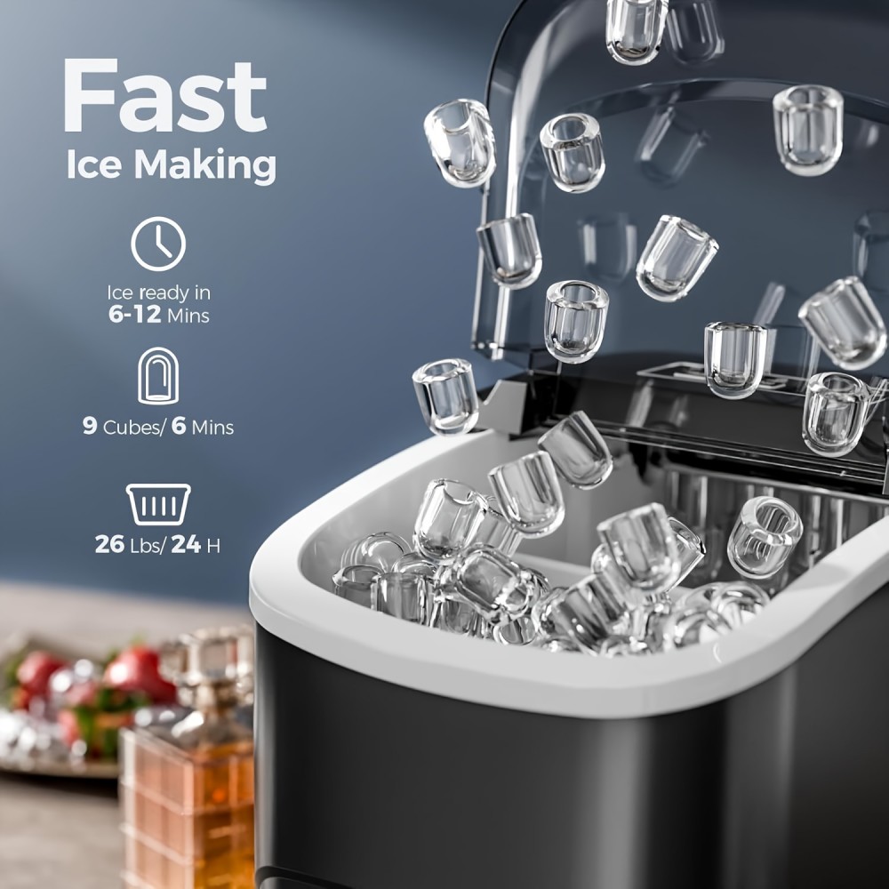 Ice Makers Countertop,, Portable Ice Machine with Handles, Self-Cleaning Ice Makers with Basket And Scoop, 9 Cubes In 6 Mins, 26 Lbs Per Day, Suitable for Kitchen, Office, Party, Presents