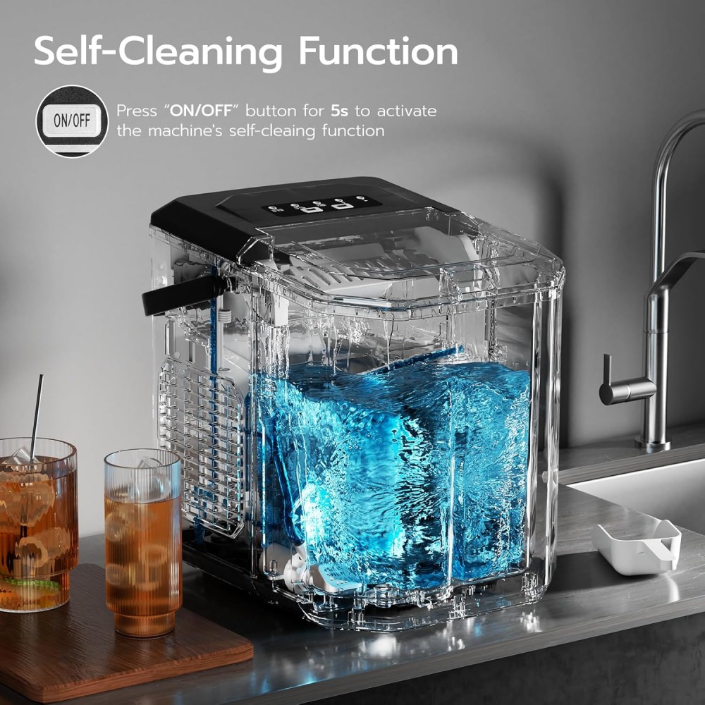 Countertop Ice Maker, 9 Ice Cubes in 6 Mins, 26.5Lbs/ 24H Self-Cleaning Portable Ice Machine with 2 Sizes(S/ L), for Home/ Kitchen/ RV, Green/ Black/ White