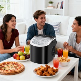 Countertop Ice Maker with Handle, Produces 26 Pounds Of Ice Within 24 Hours And 9 Ice Cubes In 7 Minutes. Portable Ice Maker Includes Ice Basket And Scoop, Suitable for Home/kitchen/camping/apartment Use.