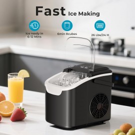 Countertop Ice Maker Machine - 8 Ice Cubes In 6 Mins - Portable Mini & Energy Saving - 26Lb/ Day Ice With 2 Sizes - Basket/ Scoop For Home/ Party/ Travel/ Camping/ Bar - White