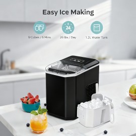 Countertop Ice Maker Machine with Handle | 26lbs Per Day, 9 Ice Cubes Ready in 6 Minutes, Auto Cleaning, Portable with Basket and Scoop for Home Kitchen Camping RV