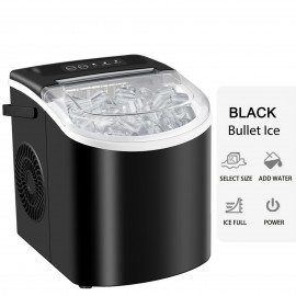 Ice maker machine for countertops, makes 26 lbs of ice in 24 hours and 9 ice cubes in 6 minutes with basket and scoop for self-cleaning.